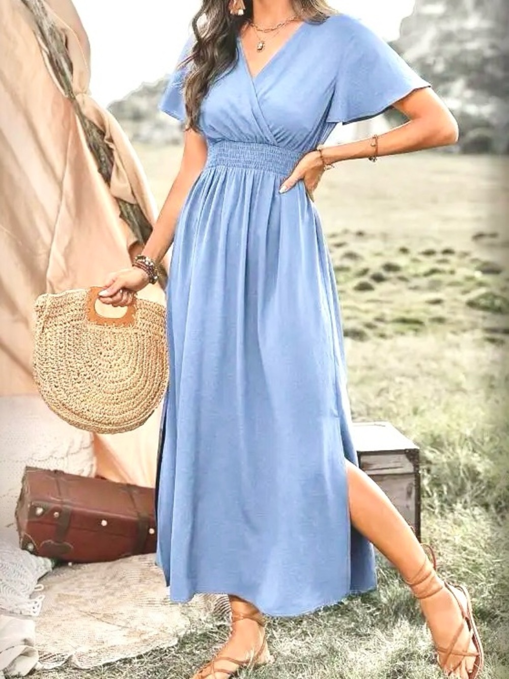 Light Blue V-Neck Smocked Waist Maxi Dress